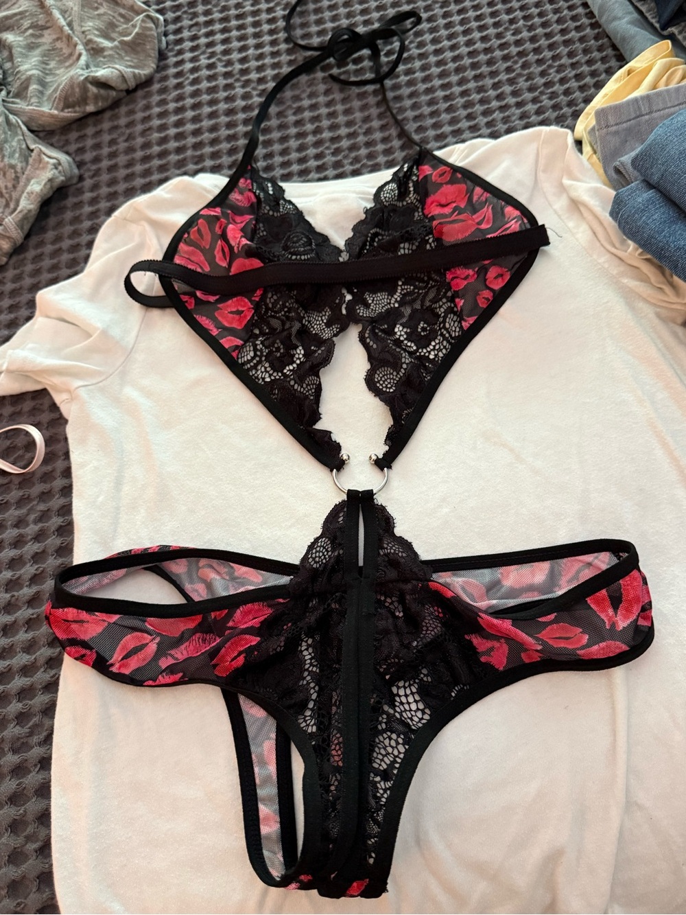 Black Lace & Red Lip-Print Halter Teddy Bodysuit